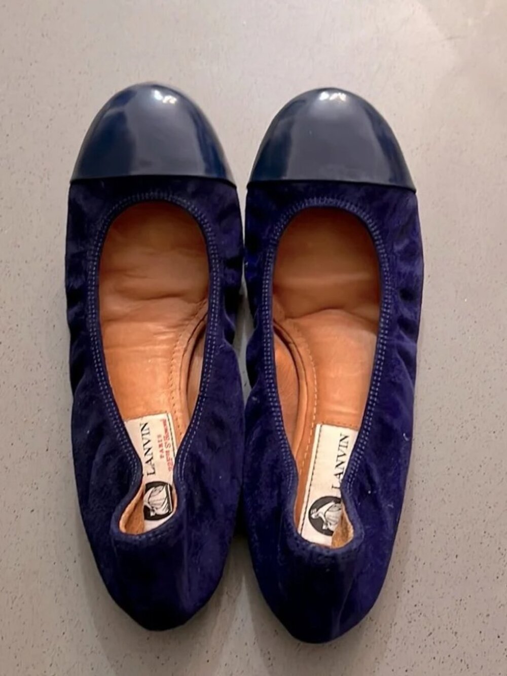 Lanvin The Ballerina Flat In Two Tone Blue Suede & Patent Leather